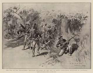 Der Krieg auf den Philippinen, amerikanische Infanterie auf dem Weg nach Peres Lasmarinas von Filipinos überrascht